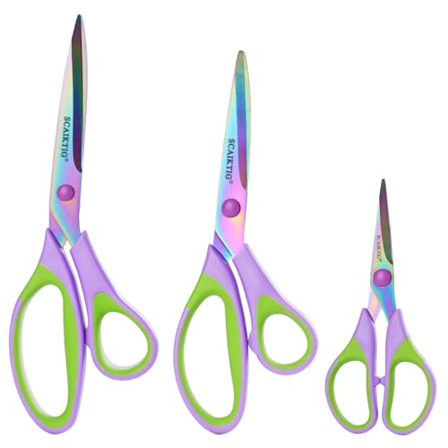 Scissors All Purpose, Sharp Titanium Blades Shears, Rubber Soft Grip Handle, Multipurpose scissors 3 pack, Great for Office, Fabric, Craft, Sewing, Arts, School and Home Supplies, Green - color: Green