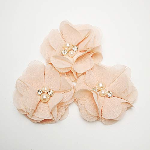 Chenkou Craft Pack of 12pcs Chiffon Flowers Ribbon Bows W/Beads 2-3/8" (60mm) Appliques Wedding Decor Bulk Lots (Peach) - color: Peach