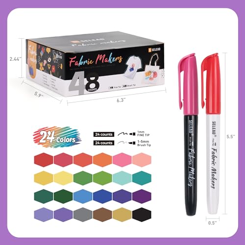 SELEAD 48 Fabric Markers Permanent for Clothes, Fine & Brush Tip Art Marker - size: 48 Count (Pack of 1)