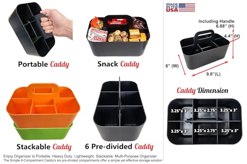 2 Pack Small 6 Compartment Multiuse Caddy Organizer with Handle Art Craft Supplies, Office, Desk, Stationery Pen Holder Stackable- Made In USA (Orange/Green) - color: Orange / Green