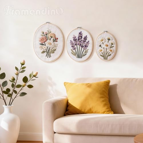 Framendino, 3 Pack 3 Sizes Oval Embroidery Hoops Bamboo Circle Cross Stitch Hoop Ring Frames for Sewing DIY Craft