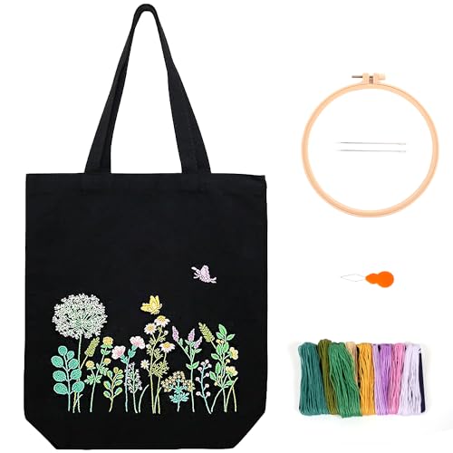 Canvas Tote Bag Embroidery Kit, Embroidery Kit for Beginners Adults, Embroidery Starter kit with Flower Pattern, Canvas Bag Cross Stitch Kits, Cross Stitch Kit with Hoops, Color Threads and Tool - color: Black Green