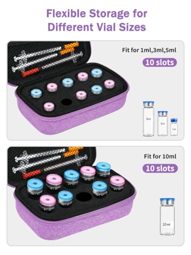 10 Slots 10ml and 3ml Peptide Case, Insulin and BAC Water Vial Holder, Peptide Storage Case for Fridge and Travel, Diabetic Supplies (Purple, Case Only) - size: 10ml & 3ml