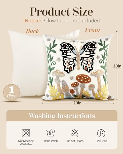 Embroidered Throw Pillow Cover, 20x20 Inch, Butterfly Moon - color: Butterfly Moon, size: 20" x 20" (Pack of 1)