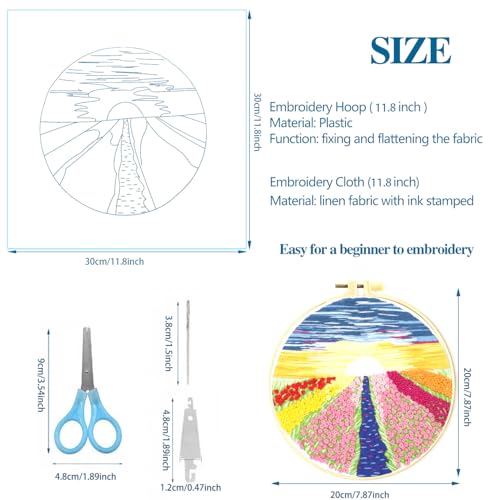 Zhenqing Flower Field Embroidery Kit for Beginners, Romantic Sunset Landscape Needlework Kit with Pre-Printed Fabric, Hoop, Threads & Tools (S-CX0314) - color: Romantic Flower Field