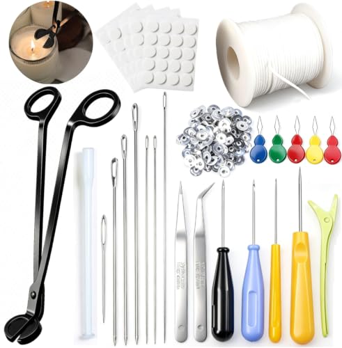 28 PCS Beginners Candle Making Kit for Adults with 200 ft Candlewick,Long Large-Eye Candle Piercing Needle and Wick Cutter 7INCH,Wick Inserting Tool Mold Punch Needle with Hook Eye for Moulds - color: 28PCS