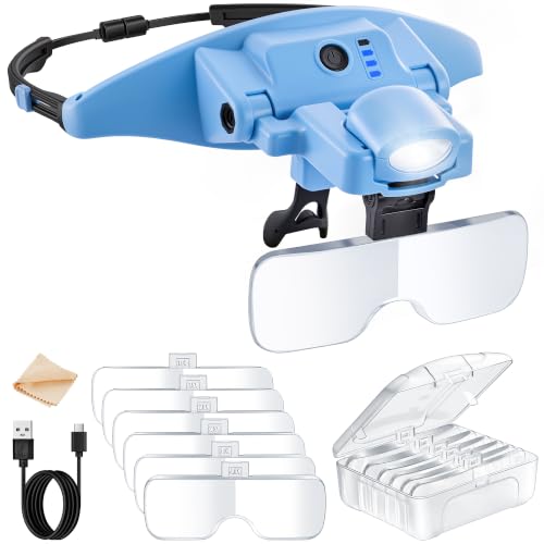 JARLINK Magnifying Glasses with Light, 6 Lenses, Rechargeable Headband - color: Blue