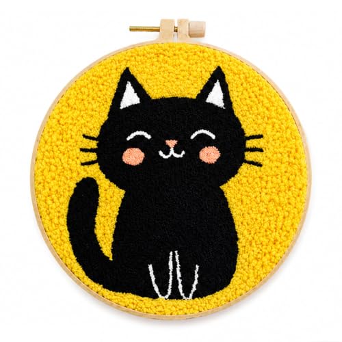Punch Needle Kit for Beginners, DIY Black Cat Craft with Embroidery Hoop