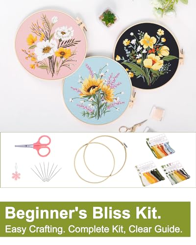 Santune 3 Pack Flower Embroidery Kit for Beginners Adults Cross Stitch Needlepoint Kits Hand Craft with Plant Patterns,3 Instructions,1 Hoop,Threads and 6 Needles - color: Tricolor Blooms