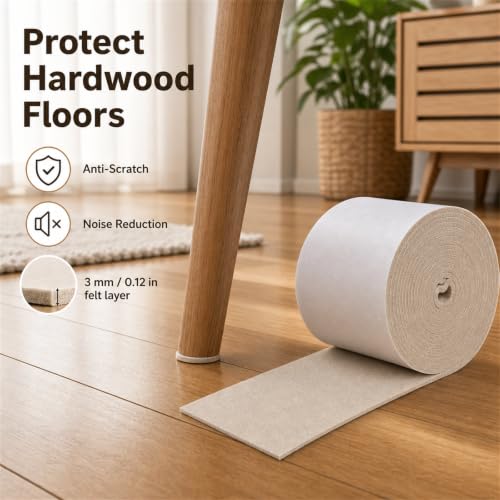 Felt Furniture Pads, Self Adhesive Felt Sheets Roll, Cuttable Felt Pads for Furniture Legs, Heavy Duty Furniture Pads for Hardwood Floors, Chair Wall Protector, Beige, 120 x 5 x 0.12 Inch - color: Beige, size: 5" x 120"