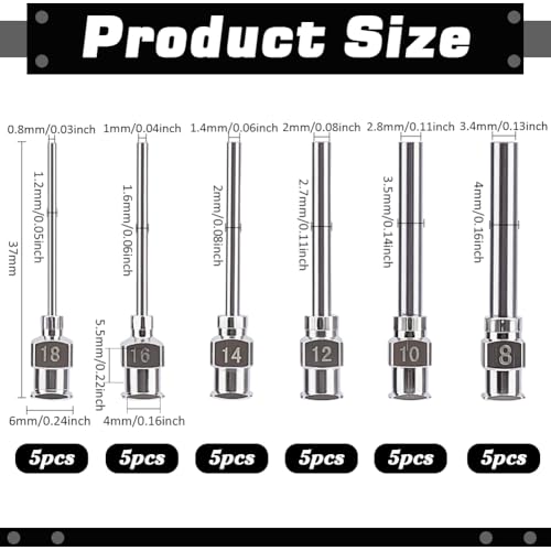 BENECREAT 30Pcs 6 Styles Stainless Steel Dispensing Needle, 8, 10, 12, 14, 16, 18Ga Blunt Glue Bottle Needle with Luer Lock for Cartridge, Alcohol, Essential Oil Dispensers
