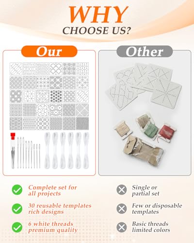 eZAKKA Sashiko Embroidery Kit 30 Patterns, 9 Needles &6 Threads for Mending - color: White Sashiko Full Kit(45Pcs)