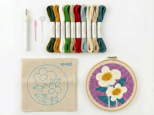 Meoe&heome Punch Needle Kit for Beginners, DIY Embroidery Set with 20+ Patterns(Violet White Flower) - color: Violet White Flower