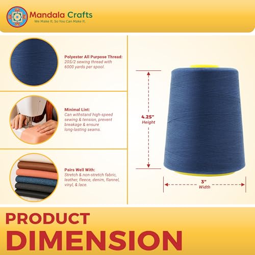 Mandala Crafts 20S/2 Denim Polyester 4 Pack of Serger Threads Cones - color: Denim, size: Pack of 4 20S/2 24000 YDs