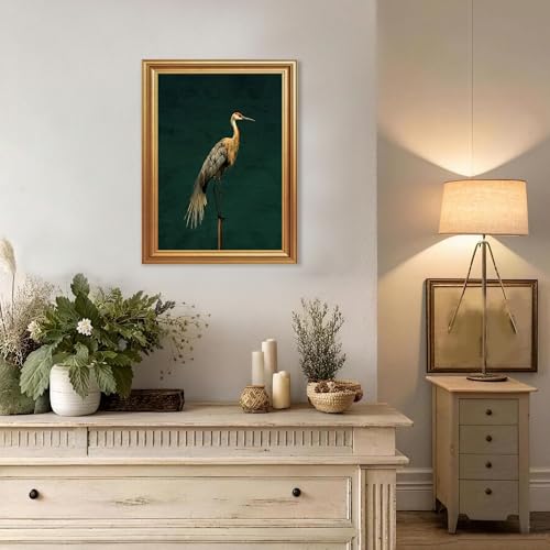 Wojuin Vintage Crane Canvas Framed Wall Art Dark Green Background 12x16 in - color: Crane, size: 16"L x 12"W