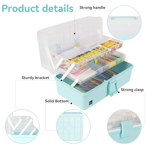 WEWLINE Sewing Storage Organizer Box 13-Inch Art Storage Box Craft Organizer 3-Layers with Handle Craft Art Bin Portable for Home School Office Travel - color: BLUE