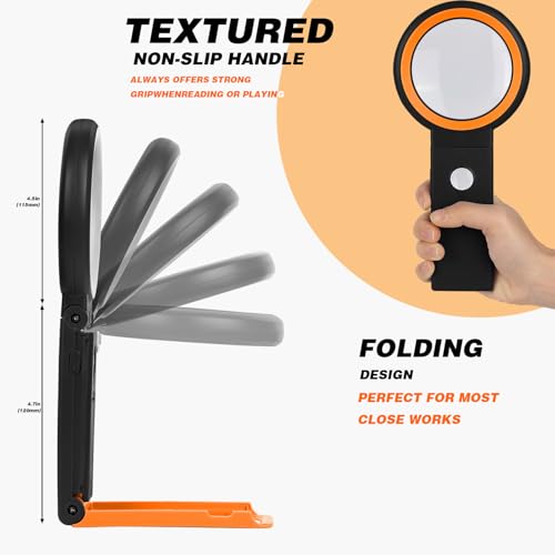 KIBTOY Magnifying Glass with Light and Stand, Foldable Handheld Magnifying Lenses 18 LED Illuminated Lighted Magnifier for Seniors Reading, Close Work, Coins, Jewelry Black - color: Black