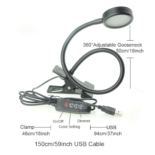 QUANS 3 Color Dimmable LED Clip On Light Black Gooseneck Desk Reading Lamp - color: Black (3 Color) Dimmable