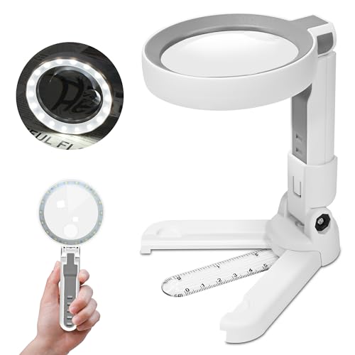 4X Rechargeable Magnifying Glass with 18 LED Light, Foldable Handheld Stand, Magnifying Glass with Light Ideal for Close Work, Seniors Reading, Macular Degeneration - Inbuilt Lithium Battery Included - size: 4X-10.5X