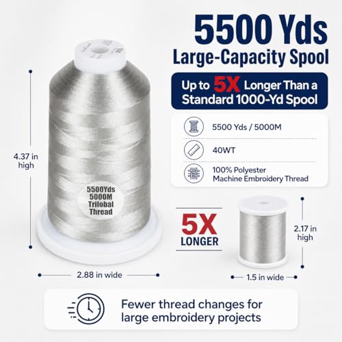 Simthread 5500Yds/5000M 40WT Polyester Embroidery Thread Silver 005 - color: Silver-005