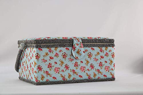 Sewing Basket with Blue Pink Rose Floral Design - Sewing Kit Storage Box with Removable Tray, Built-in Pin Cushion and Interior Pocket - by Adolfo Design - color: Blue Rose, size: Large - 12" x 9" x 6"