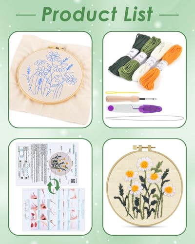 ERKOON Punch Needle Kit Beginners Adults, DIY Easy Flower Embroidery Set for Starter Art Craft, Needling Punching Project with Patterns, Tools, Yarns, Hoop, Instruction (Daisy) - color: Daisy