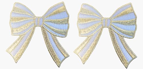 Gold Striped Bow Patch, 2-Pack, 3" x 3", Embroidered Iron-On for Hats, Bags, Jackets - color: Striped Bow - Gold
