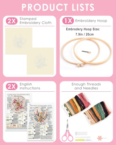 TINDTOP 2 Pack Embroidery Kit for Adult, Embroidery DIY Starter Kit, with Stamped Patterns, Hoop, Tools, Colorful Threads with Needles, Instructions (Bee) - color: Bee
