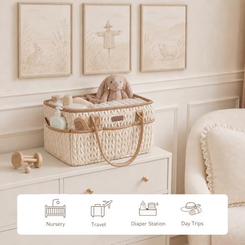 Konssy Baby Diaper Caddy Organizer, Braided Quilted Design with PU Handles - color: Toffee Brown