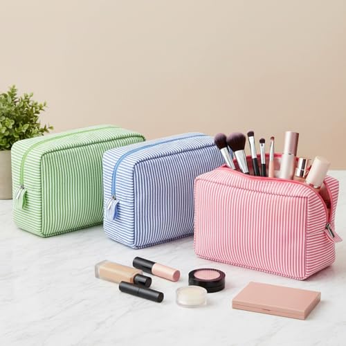 Sanwuta 3 Pcs Seersucker Makeup Bags, Pink, Blue, Green - color: Pink, Blue, Green