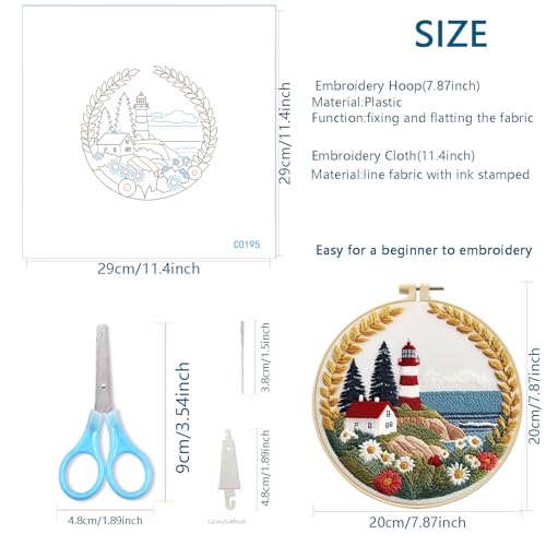 Zhenqing Lighthouse Embroidery Kit for Beginners, Pre-Printed 29x29cm Fabric with 20cm Hoop & Threads, Coastal Lighthouse Scene for Home Decor(C0195)