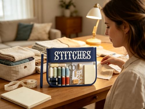 RF REENFAYA Clear Zipper Project Pouch for Needlepoint & Embroidery-Beige/Navy - color: Beige/Navy