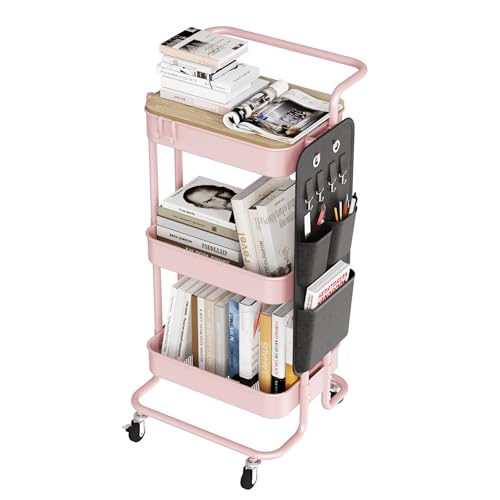 DTK 3-Tier Rolling Cart with Table Top, Metal Utility Cart with Side Bags - color: Pink, size: Large