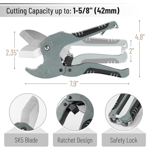 Bates- PVC Pipe Cutter, Cuts up to 1-5/8", Ratchet Pipe Cutter, PEX Cutting Tool for Cutting PEX, PVC, PPR Plastic Hoses and Plumbing Pipes, Silver - color: Silver