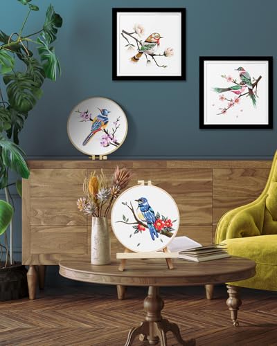 TINDTOP Embroidery Kit for Adults, Flowers and Bird Embroidery Practice Kits for Beginners Adults Include Embroidery Cloth Hoops Threads for Craft Lover Hand Stitch - color: Bird 4 Sets