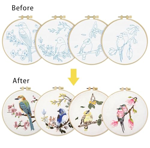 Phylisn 4 Sets Embroidery Kit for Beginners Adults,Needlepoint Starter DIY Kits with Patterns,Hoop,Color Threads,Tools,Easy Learn to Embroider with Instruction & Video