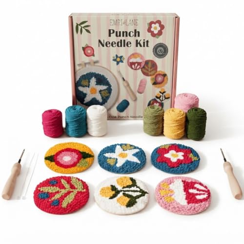 Emri Lane Punch Needle Kit – 6 Floral Design Punch Needle Embroidery Kit - color: Bright Craft