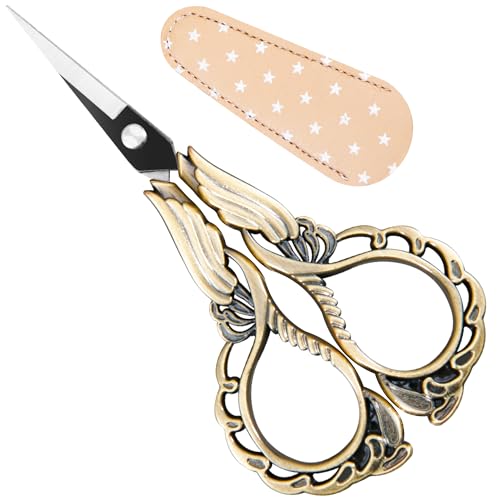 Embroidery Scissors with Cover – Antique Bronze Vintage Small Crochet Scissors, Sharp Wing Design Craft Scissors for Yarn Thread Sewing Needlework, Pretty Gift for Crocheter Quilter, 4.6 Inch - color: Gold