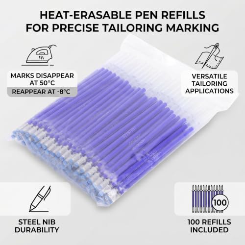 100pcs Heat Erasable Pen Refills, 100pcs Blue High Temperature Disappearing Pen, Heat Erasable Marker Tailoring Accessories for Dressmaking Tailors Sewing Quilting Tool