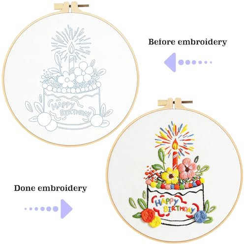 spicssa Embroidery Kit for Beginners, Hand Needlepoint Kits for Adults with Pre-Stamped Patterns, 7.8-Inch Hoop, Threads & Needles, Step by Step Instructions - color: Cake C