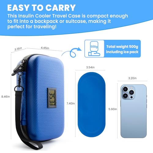 Insulin Cooler Travel Case with Temperature Display - Diabetic Travel Case Refrigerated Medicine Cooler Storage Bag with 2 TSA Approved Ice Pack for Daily and Trip (Blue) - color: Blue - Bag