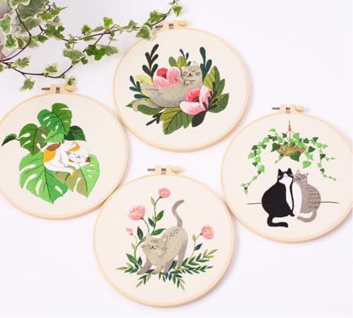 Mozzyyee 4pcs Cat Embroidery Kits for Beginners, DIY Adult Beginner Embroidery Sets with Instructions, 2 Plastic Embroidery Hoops,Scissor, Threads and Needles (Grey Cats) - color: Grey Cats
