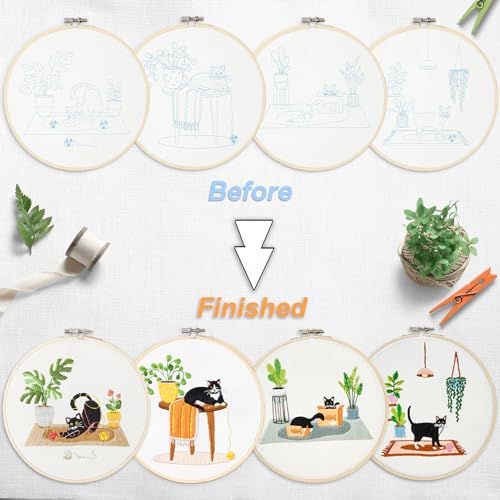 Bonroy 4 Sets Embroidery Set for Beginners, Art Craft, Easy Sewing, Includes Embroidery Clothing, Pattern, Embroidery Hoop, Instruction Manual, Colorful Thread Stitch Set (Cat) - color: Cat