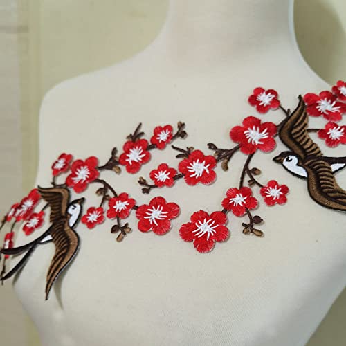 1pair Quince Sakura Flower Embroidery Iron On Applique Patches (Red H) - color: Red H