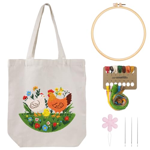 Louise Maelys Embroidery Kit Canvas Tote Bag, Chicken Floral Pattern - color: Rooster