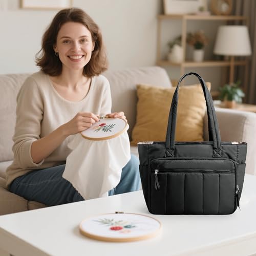 LUXJA Large Puffy Embroidery Bag with Multiple Pockets, Black