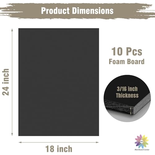 Mat Board Center, Pack of 10 Acid-Free Foam Boards, 18x24 inch Black Foam Boards, 3/16" Thick - color: Black, size: 18x24