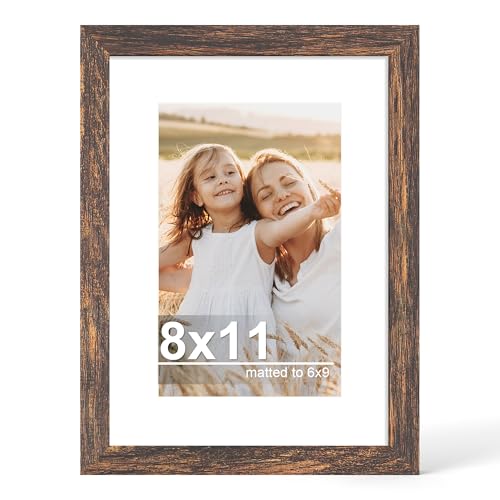 Hongkee 8x11 Picture Frame with Real Glass Wood Frame, 1 Pack(with Mat 6x9) - color: Rustic Brown, size: 8X11 in