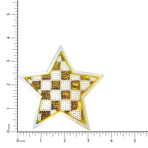 Gold Checkered Sequin Star Patch, 3.75" x 3.75”, 2-Pack, Embroidered Iron-On for Hats, Bags, Jackets - color: Checkered Sequin Star - Gold