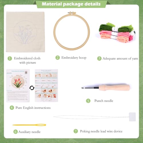 KESTAR Punch Needle Embroidery Starter Kits, Pink Tulip Flower Punch Needle Kits for Adults Beginner, Needle Punch Kit Tool with Instruction Threader Fabric Yarns and Hoop - color: Pink Tulip